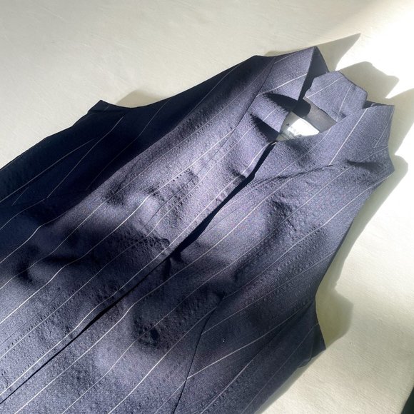 AKRIS Punto S5A Navy Pinstripe Pleat-Collar Sleeveless Midi Tent Dress sz 8 M - Picture 5 of 11